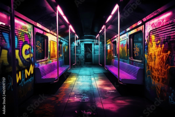 Obraz Underground railway, train covered with graffiti