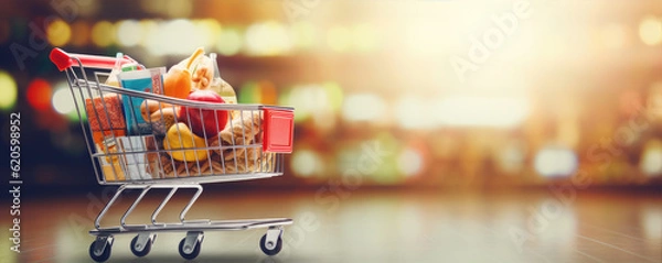 Fototapeta Shopping cart full of vegetables in the store. Generative AI