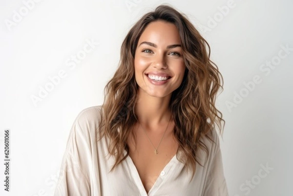 Obraz Portrait of a beautiful young woman smiling and looking at camera isolated on a white background