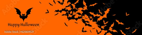 Fototapeta Halloween banner with black bats on the orange background. Illustration with text.
