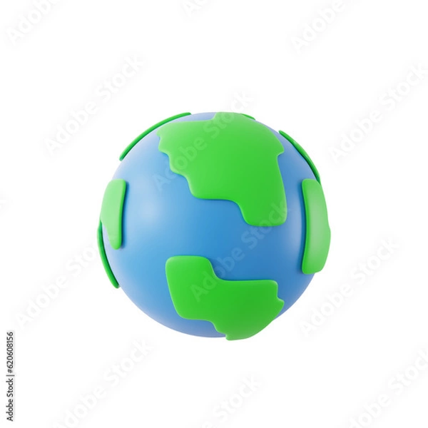 Obraz 3D green earth globe isolated on white. Cartoon planet earth icon concept. world earth day. 3d Rendering, illustration