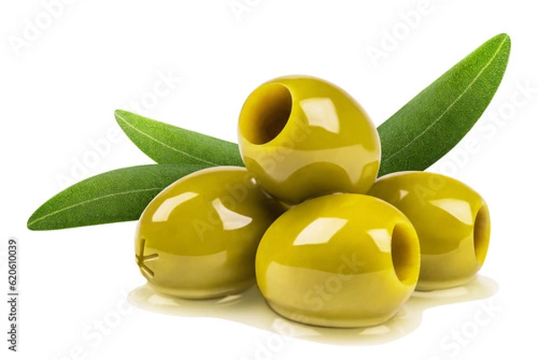 Fototapeta Olives isolated. Ripe pitted olives in oil with leaves on a transparent background.