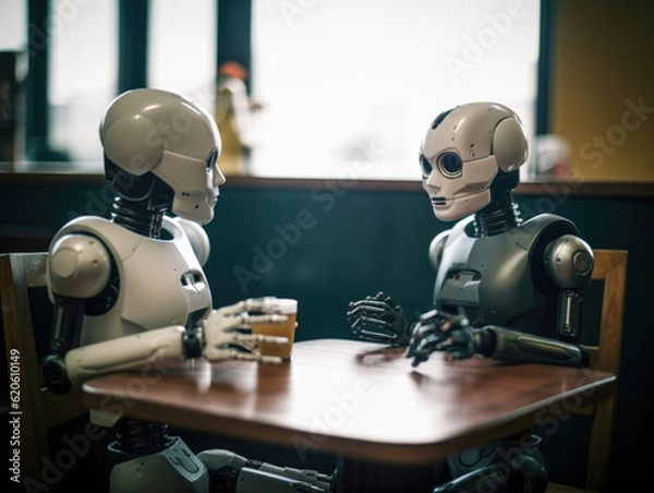 Fototapeta AI Encounter: Droids Meeting at a Cafe - Futuristic Rendezvous of Artificial Intelligence - Generative AI
