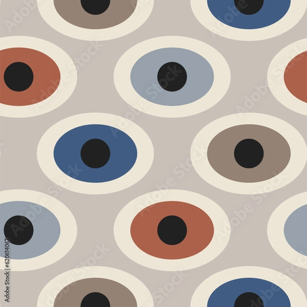 Fototapeta Mid-century modern seamless pattern, geometric shapes in retro colors. Abstract repeating geometry background