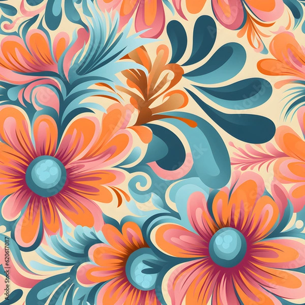 Fototapeta A seamless pattern inspired by retro psychedelic art, incorporating bold and vibrant colors, swirling patterns, and flower motifs, evoking the nostalgic and groovy vibe of the 1960s. Generative AI.