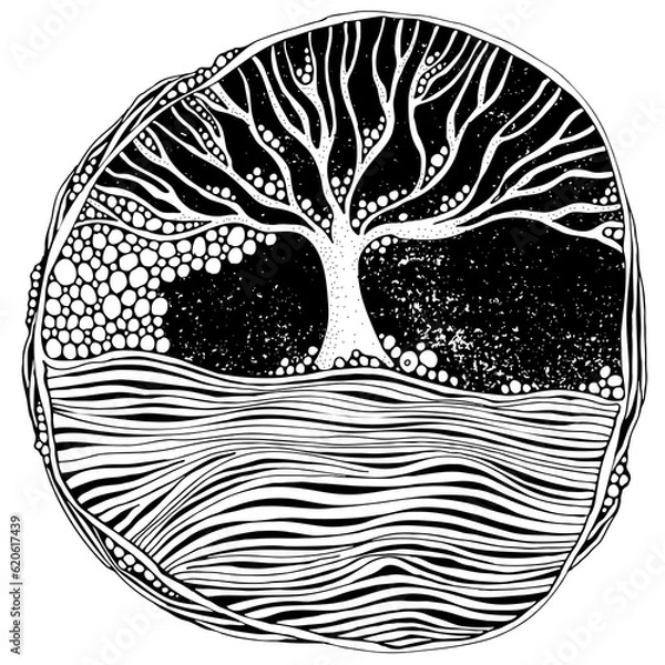 Fototapeta Circle ethnic pattern. Lonely tree, night, moon. Hand-drawn, ethnic, floral, retro, doodle, vector, zentangle tribal design element. Mandala. Pattern for coloring book