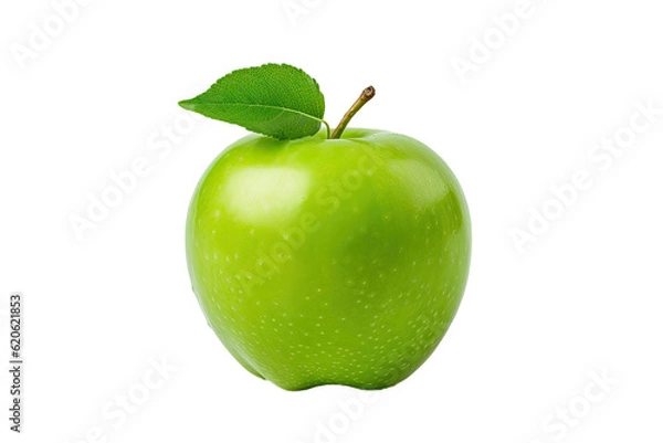 Obraz A portion of a green apple along with its green leaves is seen alone on a transparent background. The perspective is from the top.