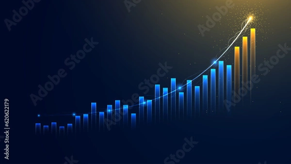 Fototapeta Futuristic business growth bar chart background. Successful financial boost and up arrow with lightning beam effect. Rising stock market economy illustration