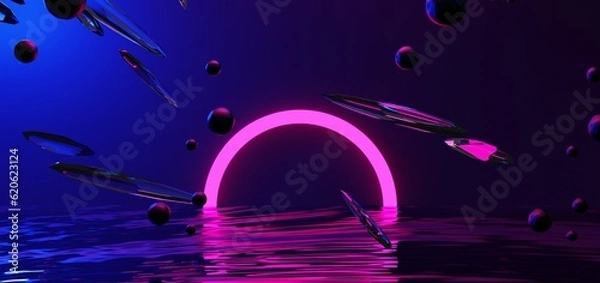 Fototapeta futuristic gaming esports background abstract wallpaper, cyberpunk style scifi game, stage concert scene in pedestal display room, led neon glow light, 3d illustration rendering