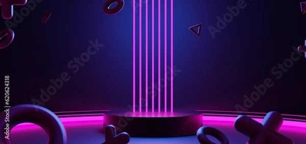 Fototapeta futuristic gaming esports background abstract wallpaper, cyberpunk style scifi game, stage concert scene in pedestal display room, led neon glow light, 3d illustration rendering