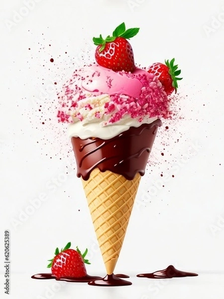 Fototapeta Melting ice cream cone. Created with generative Ai technology.
