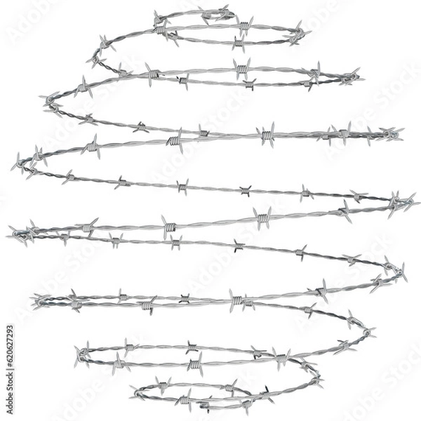 Fototapeta a 3D illustration of a barbed wire fence twisted into a spherical spiral shape.