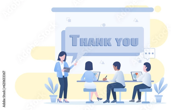 Obraz Business people discussion in meeting room. They exchange ideas, analyze data, and strategy for business growth. Presentation slide show "Thank you" in agenda meeting. Flat vector design illustration.