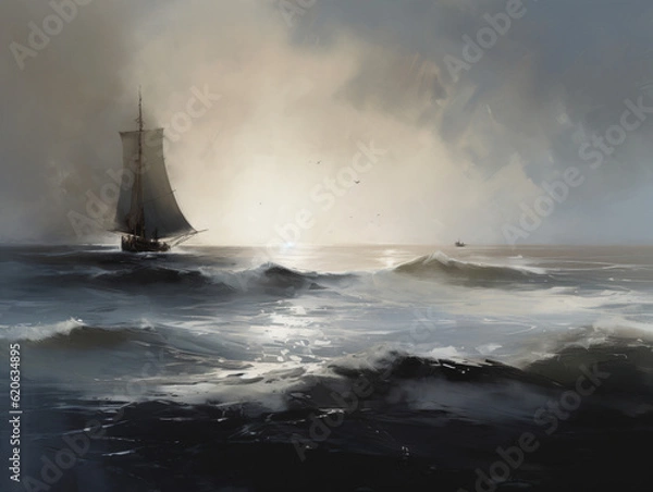 Fototapeta An oil painting of a sailboat navigating stormy waters Generative Ai