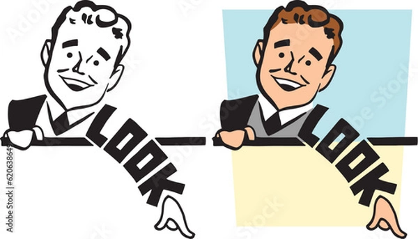 Obraz A vintage retro cartoon of a man pointing down at something interesting. 