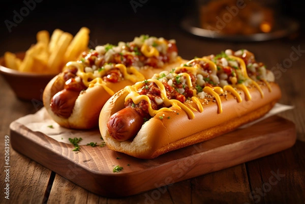 Fototapeta Delicious Chili Dogs Created with Generative AI Tools