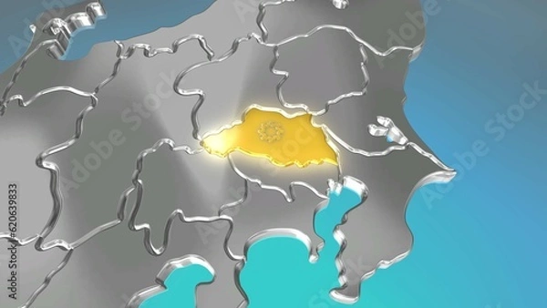 Fototapeta 透視投影で見る金属調の日本列島で金色に輝く埼玉県.