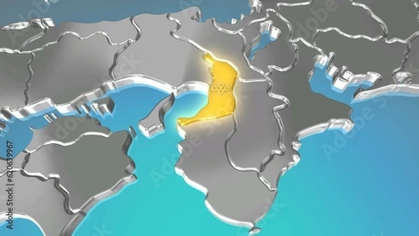 Fototapeta 透視投影で見る金属調の日本列島で金色に輝く大阪府.