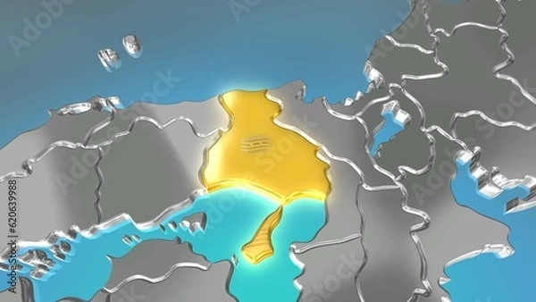 Obraz 透視投影で見る金属調の日本列島で金色に輝く兵庫県.