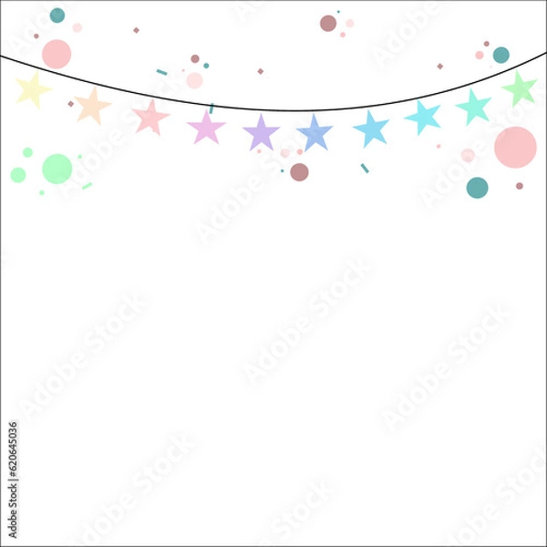 Fototapeta Colorful Party Flags With Confetti And Ribbons Falling on transparent background. Celebration Event and Happy Birthday. Multicolored. Vector star shape.