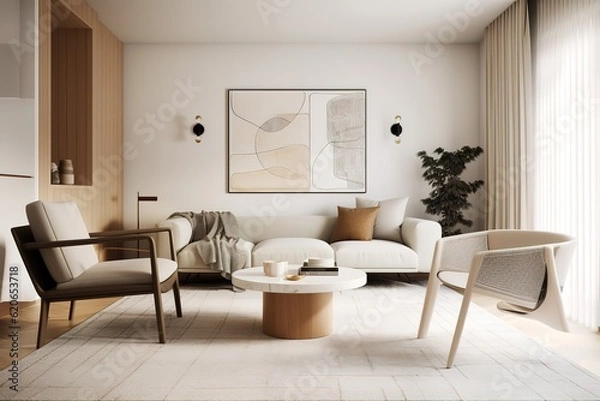 Fototapeta Modern living room with vacant white wall and beige couch,. Generative AI