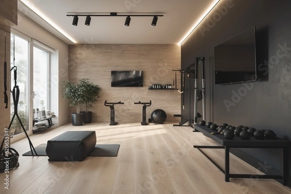 Fototapeta A sleek and modern home gym with state-of-the-art equipment and plenty of natural light, perfect for a daily workout. Generative AI