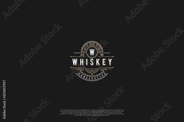Fototapeta Old label vintage badge whiskey emblem logo design. Calligraphy swirl ornament. Vector design element