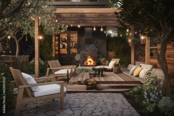 Fototapeta Inviting and comfortable outdoor living space with a campfire. generative ai