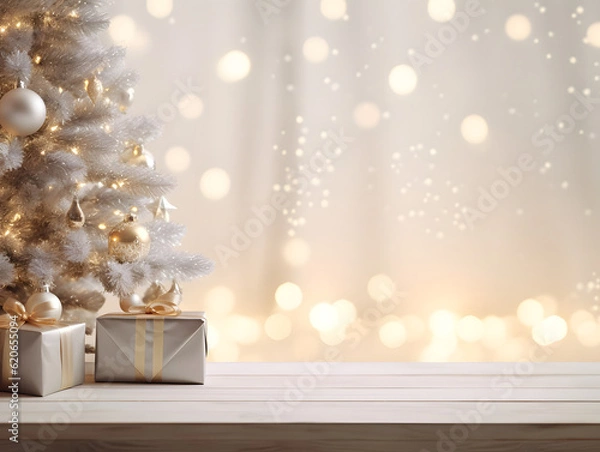 Fototapeta Empty white table with Christmas tree blurred background for product display