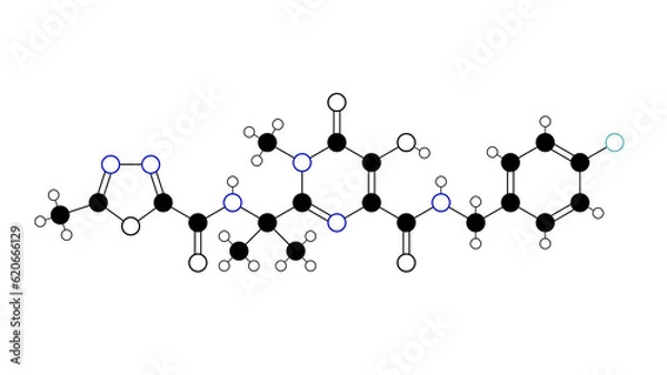 Fototapeta raltegravir molecule, structural chemical formula, ball-and-stick model, isolated image hiv integrase inhibitors