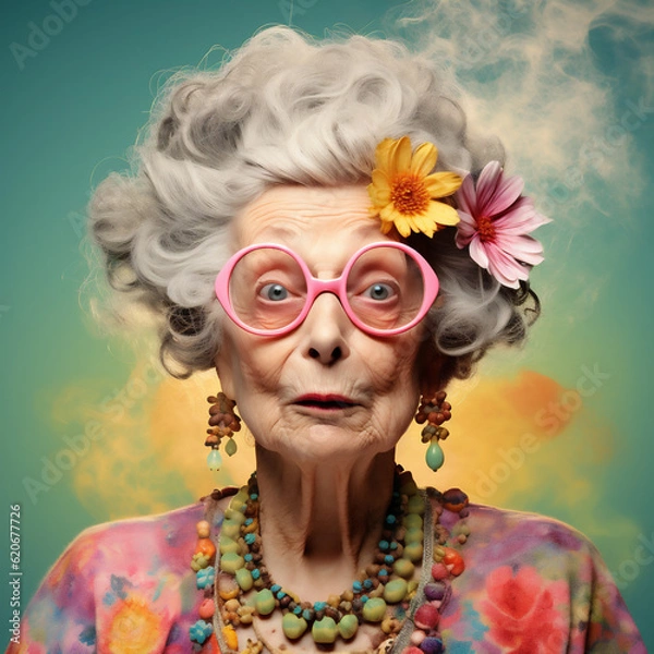 Fototapeta Kooky Elderly Woman Wearing Outrageous Clothes and Wild Hair - A Unique Expression of Aging, Individuality, and Unconventional Style. Generative AI.