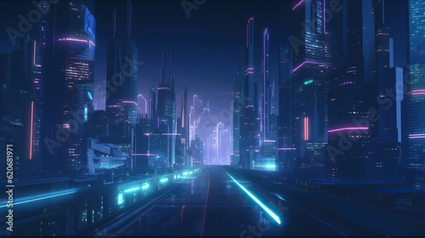 Obraz Neon modern adn futurisctic city, purple light background