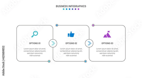 Fototapeta Timeline infographic with infochart. Modern presentation template with 3 spets for business process. Website template on white background for concept modern design. Horizontal layout.