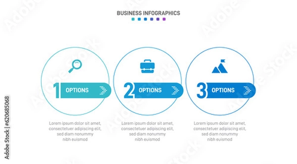 Fototapeta Timeline infographic with infochart. Modern presentation template with 3 spets for business process. Website template on white background for concept modern design. Horizontal layout.