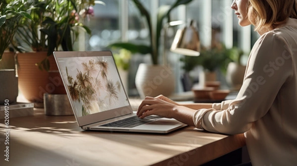 Fototapeta Woman florist orders flowers working in office using laptop created with generative AI technology