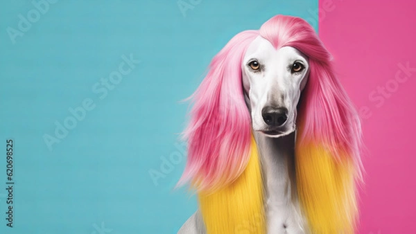 Obraz A beautiful Afghan hound with long and groomed hair poses in the style of an eighties rock star against colorful backdrop. Bright colors and decorative clothing. Generative AI.