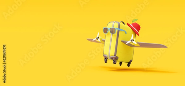 Obraz Summer travel suitcase with wings will take off. Creative minimal vacation concept idea on yellow background 3D Render