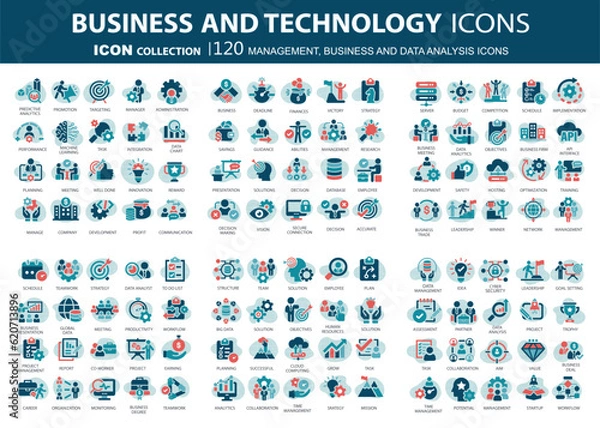 Fototapeta Business, data analysis, organization management and technology icon set. Teamwork, strategy, planning, marketing, cloud technology, data analysis, employee icon set. Icons vector collection
