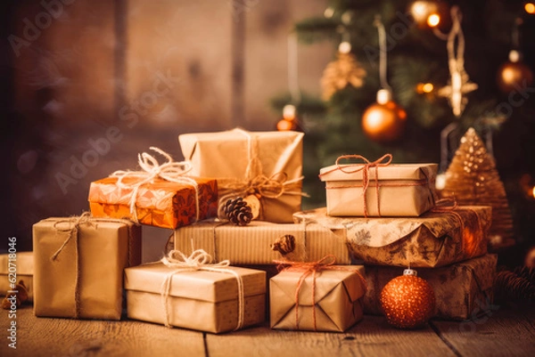 Obraz A pile of beautiful Christmas presents. Quantities of Christmas gifts on table. Holiday spirit. Generative AI