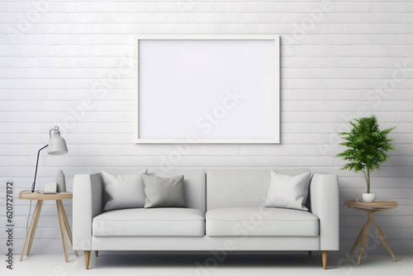 Fototapeta Empty poster frame mockup Working space, home office. living room poster display. Modern interior. Generative AI