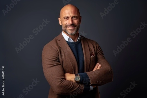 Fototapeta Portrait of a smiling mature man with arms crossed looking at the camera