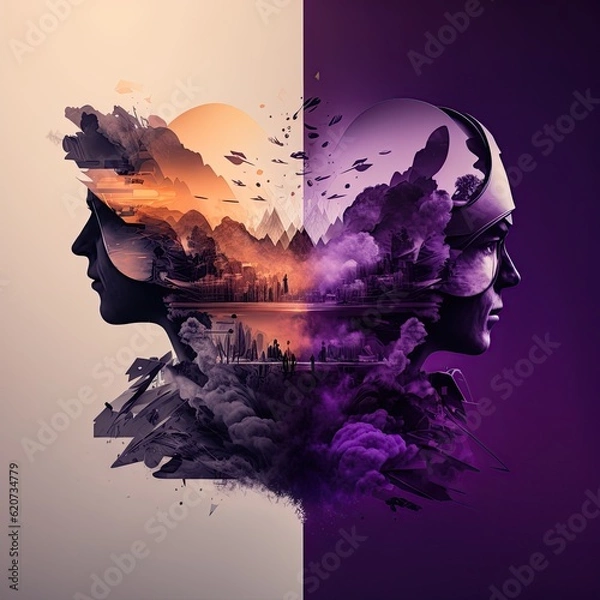 Fototapeta Abstract Visualization of Duality: Woman and Man, Peace and War Concept, Dual Faces in Artistic Expression