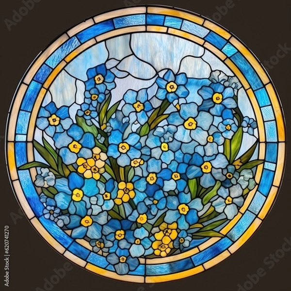 Fototapeta Stained glass forget-me-nots with a lovely pastel blue border with marbling swirls, flowers showing a charming cluster of sky-blue petals with yellow centers. Black background. Generative AI