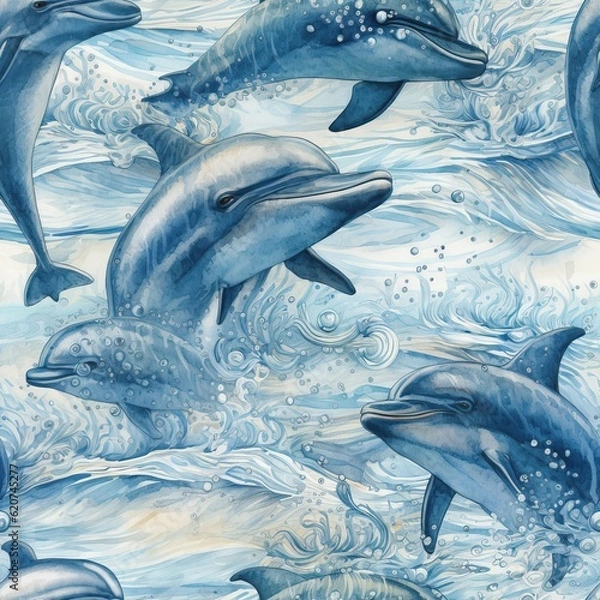 Fototapeta Hand drawn look graphic dolphins. Flying dolphins seamless pattern. Dolphin under the sea abstract background. Splashes, ink stain, paint texture.