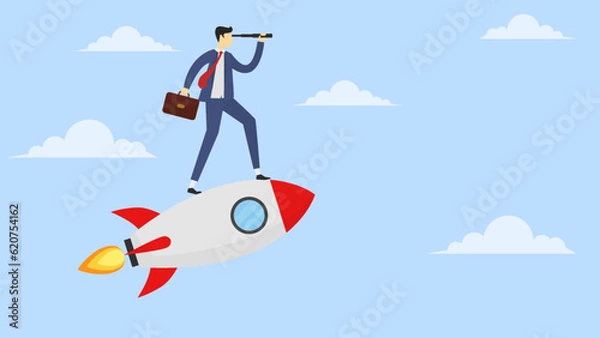 Obraz a business man standing on a rocket. see and binocular target achievement of the business