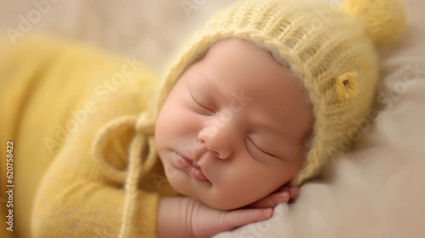 Fototapeta Sleeping newborn, smile baby, soft yellow background