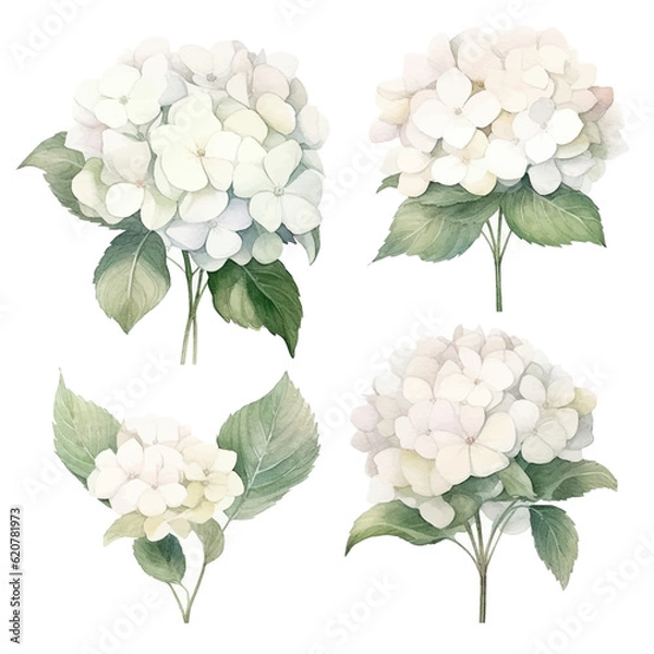 Fototapeta Set of white floral watecolor. Hydrangea flowers and leaves. Floral poster, invitation floral. Vector arrangements for greeting card or invitation design	