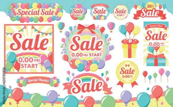 Fototapeta ポップでカラフルな風船・バルーンのセール・イベント見出しデザインやあしらいに使えるベクターフレームセット素材