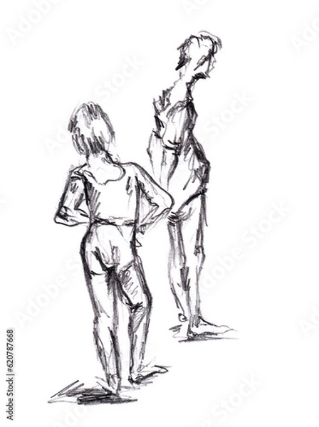 Fototapeta Abstract two figures girl and woman. Hand drawn pencil sketch on paper texture. Isolated on white. Bitmap