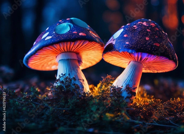 Obraz Fantasy mushroom their vibrant colors contrasting against the sunset. 